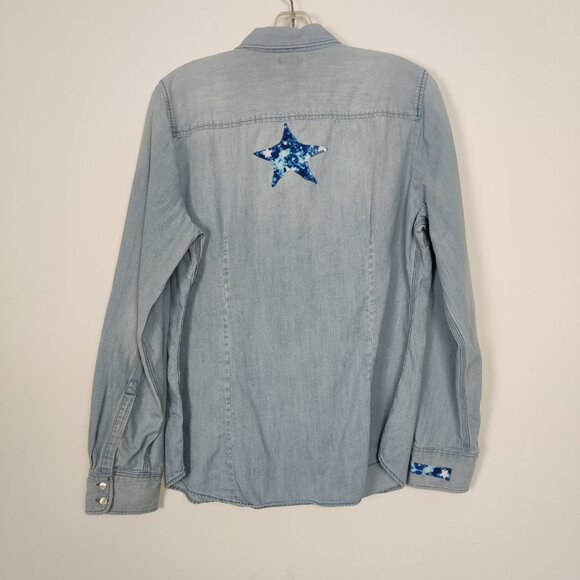 J. Crew Women's Shirt Size L Blue White Stars Cotton Patchwork Western Cowgirl - Picture 6 of 11